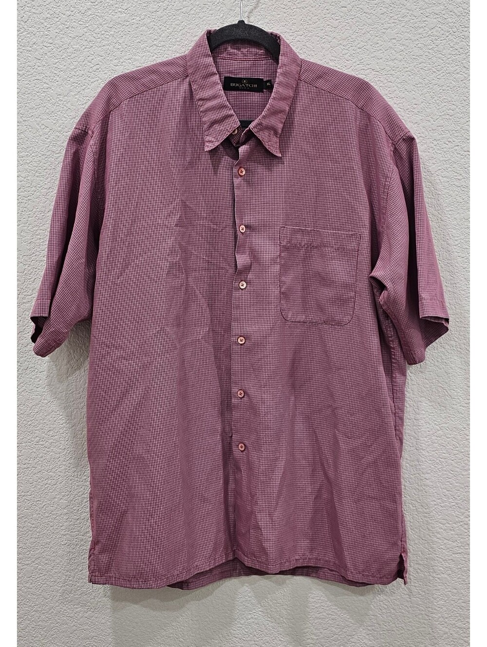 Bugatchi Uomo Men’s XL Short Sleeve Button Up Shirt Modal Rayon Burgundy Check